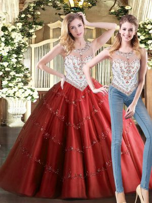 Chic Wine Red Two Pieces Beading 15th Birthday Dress Zipper Tulle Sleeveless Floor Length