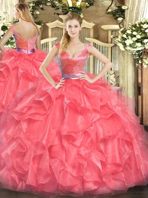 V-neck Sleeveless Tulle Sweet 16 Dresses Beading and Ruffles Zipper