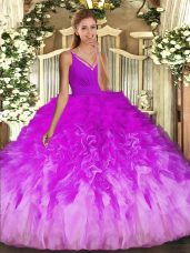Beauteous Multi-color V-neck Backless Beading and Ruffles Quinceanera Gowns Sleeveless