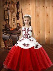 Sleeveless Floor Length Embroidery Lace Up Winning Pageant Gowns with White And Red