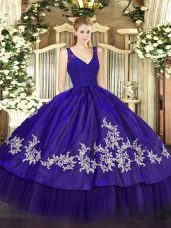 Lovely Purple Taffeta Backless V-neck Sleeveless Floor Length Quince Ball Gowns Beading and Lace and Appliques