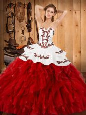 Colorful Ball Gowns Quinceanera Gowns Wine Red Strapless Satin and Organza Sleeveless Floor Length Lace Up