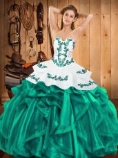 Decent Turquoise Ball Gowns Satin and Organza Strapless Sleeveless Embroidery and Ruffles Floor Length Lace Up 15th Birthday Dress
