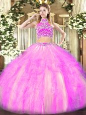 Lilac Backless High-neck Beading and Ruffles Quince Ball Gowns Tulle Sleeveless