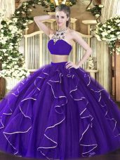 Fashion Sleeveless Floor Length Beading and Ruffles Backless 15 Quinceanera Dress with Purple
