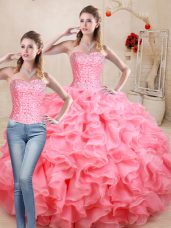 Modern Watermelon Red Ball Gowns Sweetheart Sleeveless Organza Floor Length Lace Up Beading and Ruffles Quinceanera Gown
