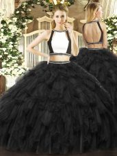 Flirting Two Pieces 15 Quinceanera Dress Black Halter Top Tulle Sleeveless Floor Length Backless