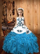 Beautiful Blue Lace Up Pageant Dress Womens Embroidery and Ruffles Sleeveless Floor Length
