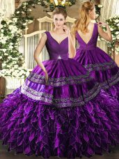 Eggplant Purple Ball Gowns Organza V-neck Sleeveless Beading and Ruffles and Ruching Floor Length Backless Quinceanera Dress