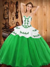 Green Ball Gown Prom Dress Military Ball and Sweet 16 and Quinceanera with Embroidery Strapless Sleeveless Lace Up