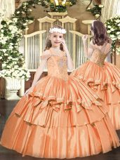 Sleeveless Organza Floor Length Lace Up Little Girls Pageant Dress in Orange with Beading and Ruffled Layers