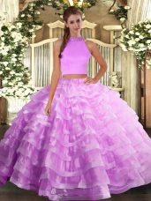 Hot Sale Lilac Sleeveless Beading and Ruffled Layers Floor Length Quince Ball Gowns