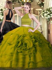 Deluxe Floor Length Olive Green Sweet 16 Quinceanera Dress Halter Top Sleeveless Backless