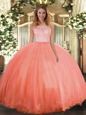 Orange Red Sleeveless Floor Length Lace Clasp Handle Sweet 16 Dresses