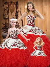 White And Red Ball Gowns Sweetheart Sleeveless Satin and Organza Floor Length Lace Up Embroidery and Ruffles Quinceanera Gown