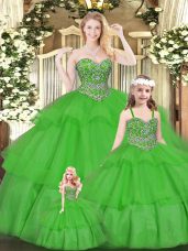 Green Ball Gowns Beading and Ruffled Layers Quince Ball Gowns Lace Up Organza Sleeveless Floor Length