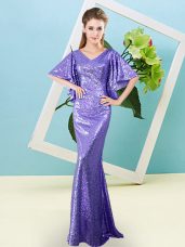 Lavender Half Sleeves Floor Length Sequins Zipper Prom Party Dress