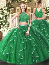 Graceful Green High-neck Zipper Beading and Ruffles Sweet 16 Dress Sleeveless