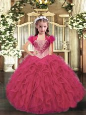 Sleeveless Organza Floor Length Lace Up Party Dresses in Hot Pink with Beading and Ruffles