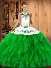 Green Lace Up Vestidos de Quinceanera Embroidery and Ruffles Sleeveless Floor Length