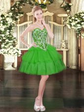 Green Organza Lace Up Prom Evening Gown Sleeveless Mini Length Beading and Ruffled Layers