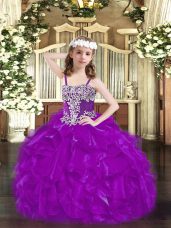 Dramatic Organza Straps Sleeveless Lace Up Beading and Ruffles Teens Party Dress in Purple