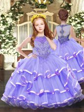 Lavender Sleeveless Floor Length Beading and Ruffled Layers Zipper Custom Made