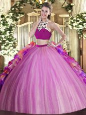 Lilac Two Pieces Tulle High-neck Sleeveless Beading and Ruffles Floor Length Backless 15 Quinceanera Dress