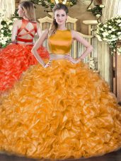 Discount Orange Red Sleeveless Floor Length Ruffles Criss Cross Quinceanera Gown