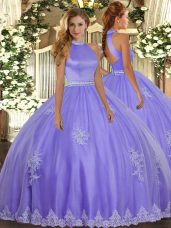 Lavender Ball Gowns Tulle Halter Top Sleeveless Beading and Appliques Floor Length Backless Quinceanera Dresses