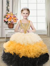 Great Multi-color Organza Lace Up Straps Sleeveless Floor Length Party Dress for Toddlers Beading and Ruffles