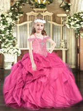Floor Length Hot Pink Pageant Gowns Organza Sleeveless Beading and Ruffles