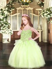 High Class Yellow Green Spaghetti Straps Lace Up Appliques Party Dress Wholesale Sleeveless