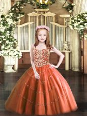 Rust Red Tulle Lace Up Straps Sleeveless Floor Length Little Girl Pageant Gowns Beading