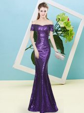 Sweet Purple Off The Shoulder Neckline Sequins Prom Dress Short Sleeves Zipper