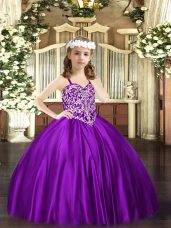 Purple Sleeveless Floor Length Beading Lace Up Little Girl Pageant Gowns