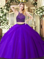 Pretty Ball Gowns Ball Gown Prom Dress Purple Halter Top Tulle Sleeveless Floor Length Zipper