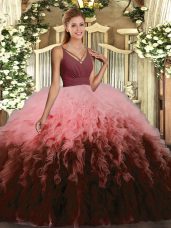 Multi-color Ball Gowns Ruffles Quince Ball Gowns Backless Tulle Sleeveless Floor Length