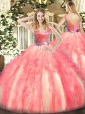 Hot Selling Watermelon Red Sleeveless Tulle Zipper Quinceanera Gown for Military Ball and Sweet 16 and Quinceanera