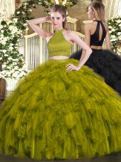 Sleeveless Organza Floor Length Backless Sweet 16 Quinceanera Dress in Olive Green with Beading and Ruffles