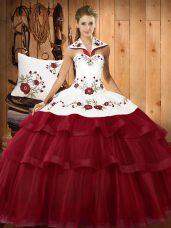 Pretty Wine Red Satin and Organza Lace Up Halter Top Sleeveless With Train 15th Birthday Dress Sweep Train Embroidery and Ruffled Layers
