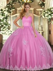 Sweetheart Sleeveless Lace Up Vestidos de Quinceanera Rose Pink Tulle