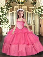 Discount Hot Pink Organza Lace Up Straps Sleeveless Floor Length Womens Party Dresses Appliques and Ruffled Layers
