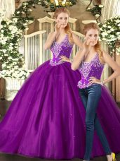 Custom Made Sleeveless Tulle Floor Length Lace Up Quinceanera Dresses in Purple with Beading