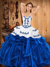 Modern Blue Strapless Neckline Embroidery and Ruffles Ball Gown Prom Dress Sleeveless Lace Up