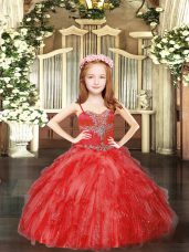 Red Tulle Lace Up Party Dress for Toddlers Sleeveless Floor Length Beading and Ruffles