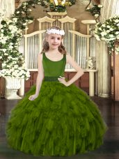 Scoop Sleeveless Child Pageant Dress Floor Length Beading and Ruffles Olive Green Organza