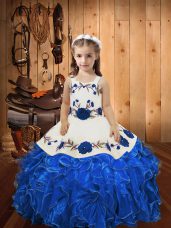 Blue Straps Neckline Embroidery and Ruffles Kids Pageant Dress Sleeveless Lace Up
