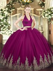 Elegant Halter Top Sleeveless Quinceanera Gowns Floor Length Appliques Fuchsia Tulle