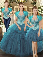 Nice Sleeveless Tulle Floor Length Lace Up Quinceanera Gowns in Teal with Beading and Ruffles